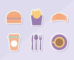 conjunto de iconos de restaurante sobre un fondo púrpura vector