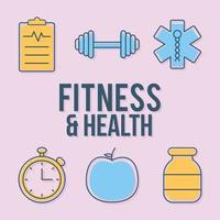 fitness and health lettering with set of fitness and health icons vector