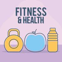 fitness and health lettering with set of fitness and health icons on a purple background vector