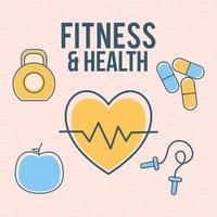 Letras de fitness y salud con un conjunto de iconos de fitness y salud sobre un fondo naranja vector