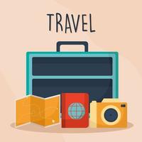 travel lettering with suitcase with a blue color and map, passport and camera icons vector