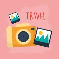 travel lettering with camera with a orange color and image icons vector