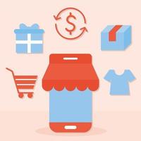 bundle of online shopping icons on a salmon color background vector