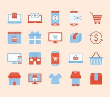 set of online shopping icons on a salmon color background vector