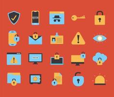 bundle of security icons on a red background vector