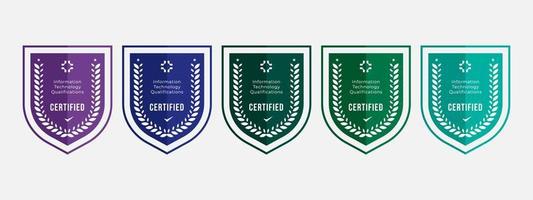 logotipo certificado diseño de escudo de insignia para la capacitación de la empresa certificados de insignia para tecnología de la información calificada certificada. Establecer paquete certificar con ilustración de vector de seguridad colorida.