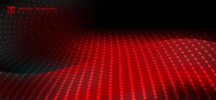 Abstract furturistic technology radial dots pattern on smooth fantasy motion blurred wave red light trail on black background. Vector illustration