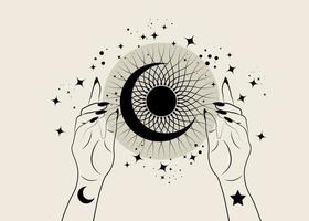 Manos de mujer mística sosteniendo la luna creciente y el sol en estilo boho. ocultismo espiritual místico signo wicca. ilustración vectorial aislado sobre fondo vintage vector