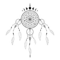 Atrapasueños detallado con adorno de mandala y fases lunares. símbolo místico negro, arte étnico con diseño boho indio nativo americano, vector aislado sobre fondo blanco