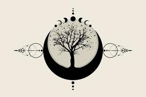 Sacred tree and crescent moon. Hand drawn Mystical Moon Phases, tree of life, Sacred geometry. Wicca banner old sign, energy circle, boho style vector isolated on vintage background