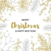 Merry Christmas and happy New Year greeting card with floral elements. Hand drawn vector illustration