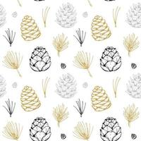 Hand drawn Christmas and New Year pattern with golden cones and needles. Vector illustration in sketch style