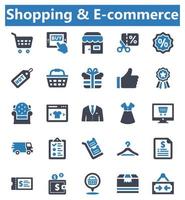 conjunto de iconos de compras - ilustración vectorial. comercio electrónico, comercio electrónico, compras en línea, tienda, compras, en línea, compra, carrito de compras, canasta, descuento, oferta, cupón, iconos. vector