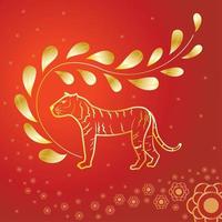 Tiger in Line Art style with golden gradient branch on red background vector