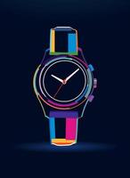 Wrist watch with leather strap, abstract, colorful drawing. Vector illustration of paints