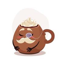 Cartoon coffee cup with whipped cream. Cartoon character old gentleman. Christmas hot drink. Funny vector illustration for sticker pack