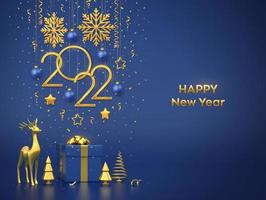 Happy New 2022 Year. Hanging golden metallic numbers 2022 with snowflakes, stars, balls on blue background. Gift box, gold deer and metallic pine or fir, cone shape spruce trees. Vector illustration.