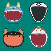 Four Halloween Character Head and Open Mouth. Wolf, Scream, Creepy Bat and Creepy Clown  Character. vector