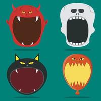 cabeza de cuatro personajes de halloween y boca abierta. diablo, esqueleto, gato negro y personaje de globo. vector