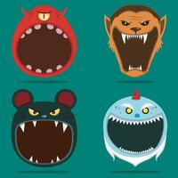 cabeza de cuatro personajes de halloween y boca abierta. monstruo de un ojo, hombre lobo, ratón y gnomo espeluznante. vector