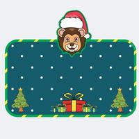 Christmas and New Year Greeting Card With Lion Character Design. Head Animal Wearing Christmas Hat. vector