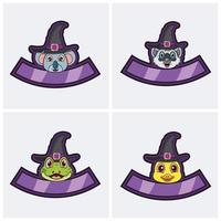 Set Cute Animals Head Character. For Logo, Icon, badge, emblem and label with Witch Hat. Koala, Raccoon, Frog and Duck. vector