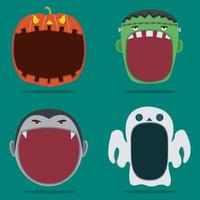 Four Halloween Character Head and Open Mouth. Pumpkin, Frankenstein, Dracula and Ghost Character. vector