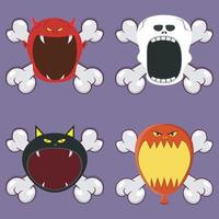 Head Monster Design With Devil, Skeleton, Black Cat and Balloon. On Skull and Open Mouth. vector