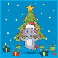 lindo animal navideño con diseño de personaje de elefante, con calcetín y sombrero navideño. fondo del bosque. perfecto para fondo, tarjeta de felicitación, etiqueta e icono. vector