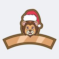 Lion Head Character Logo, icon, watermark, badge, emblem and label with Christmas Hat. vector