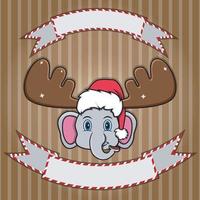 linda cabeza de elefante con gorro navideño. etiqueta en blanco y banner. personaje, mascota e icono. vector