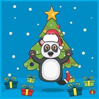 lindo animal navideño con diseño de personajes panda, con calcetín y sombrero navideño. fondo del bosque. perfecto para fondo, tarjeta de felicitación, etiqueta e icono. vector