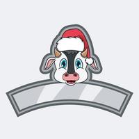 Logotipo de personaje de cabeza de vaca, icono, marca de agua, insignia, emblema y etiqueta con sombrero de Navidad. vector