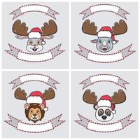 Set Cute Animals Head Character. For Logo, emblem and label with Christmas Hat. Rabbit, Rhino, Lion and Panda. vector