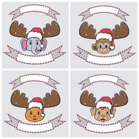 Set Cute Animals Head Character. For Logo, emblem and label with Christmas Hat. Elephant, Monkey, Cat and Dog. vector