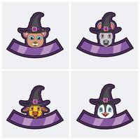 Set Cute Animals Head Character. For Logo, Icon, badge, emblem and label with Witch Hat. Bear, Donkey, Giraffe and Penguin. vector