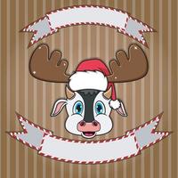 Cute Cow Head With Christmas Hat. Blank label and banner. Character, Mascot and Icon. vector