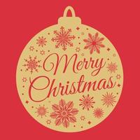 Feliz Navidad tarjeta de felicitación con silueta de adorno de bola de Navidad dorada con copos de nieve y nieve sobre fondo rojo. lindo elemento de diseño de vacaciones de invierno para invitación, banner vector