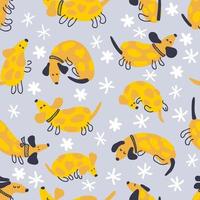 Doodle winter seamless pattern with spotted dachshunds and snowflakes. vector