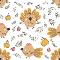 Thanksgiving seamless pattern with turkeys, roosters, pumpkins and autumn leaves. vector