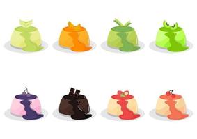 collection of illustrations of puddings of various flavors and toppings vector