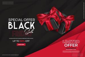 Black Friday Super Sale. Realistic black gifts boxes. Pattern with gift box with red bow. Dark background golden text lettering. Horizontal banner, poster, header website. vector illustration