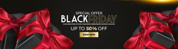 Black Friday Super Sale. Realistic black gifts boxes. Pattern with gift box with red bow. Dark background golden text lettering. Horizontal banner, poster, header website. vector illustration