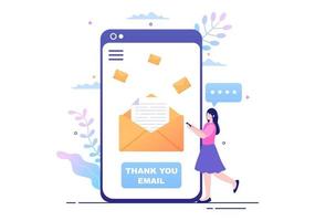 Email Thank You Banner Flat Illustration with Envelope Greeting Card and Text Thanks Vector Background