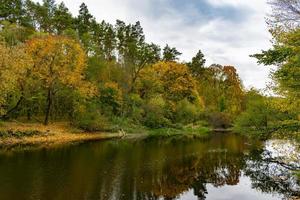 Gloomy autumn landscape of colorful forest by the river photo