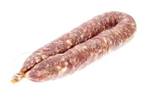 Homemade pork dried cured sausage on white background. photo