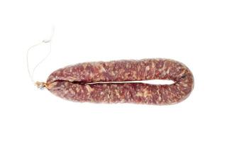 Homemade pork dried cured sausage on white background. photo