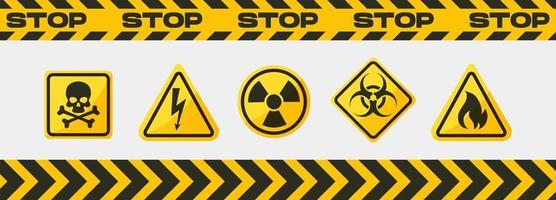 Various danger ribbon and sign set. Danger zone caution yellow sign collection vector illustrations.