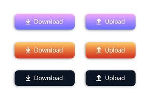 Set of download and upload button with yellow, black and purple colors. Download icon. Upload icon. Vector illustration.