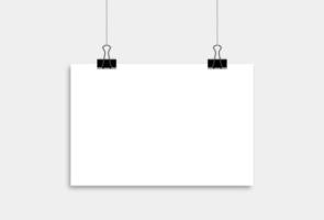 Realistic hanging blank paper sheet with shadow in A4 format with black paper clip. vector